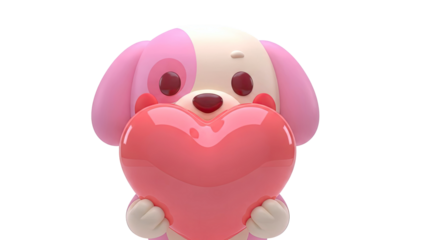 Cute pink cartoon dog holding a heart