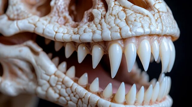Close-up of a dinosaur skull with sharp, menacing teeth.