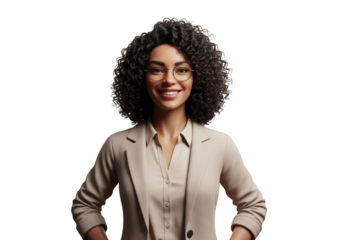 Confident businesswoman with curly hair and glasses isolated on transparent background