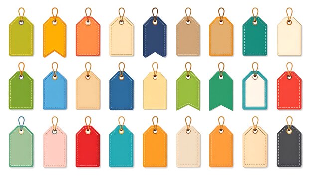 A collection of various colorful, rectangular tags with string loops for price or product labeling