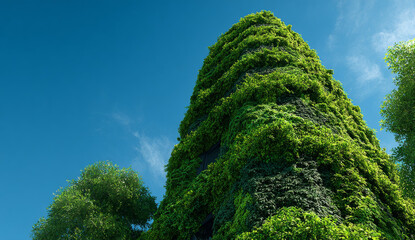 Eco-friendly building covered in lush green foliage with dense leaves and vibrant textures, symbolizing sustainability and harmony with nature