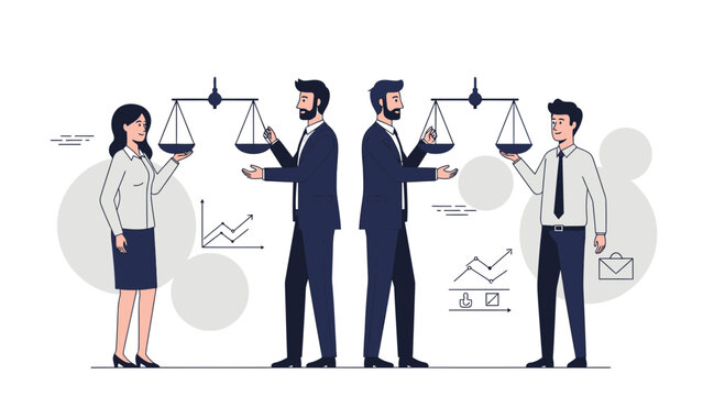 Businessmen and women balancing scales, illustrating fairness and equality in finance