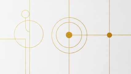 Geometric shapes aligned on grid lines with concentric circles and dots in a minimalist design