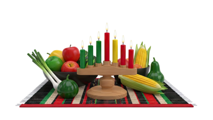 Kwanzaa celebration with kinara, fruits, and vegetables