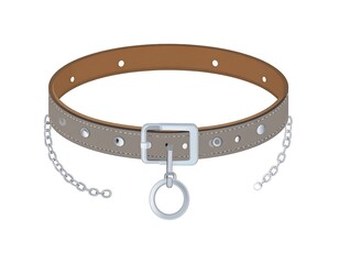 A flat illustration of a brown and grey leather collar with a silver buckle, ring, and chains, designed to be worn around the neck