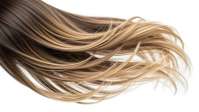 A flowing lock of dark brown to light blonde hair strands flowing in the wind from a close-up viewpoint