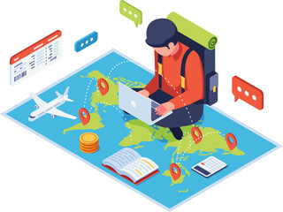 Isometric Traveler Planning Trip with Laptop on World Map