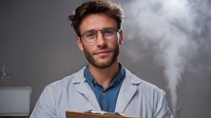 A professional scientist wearing glasses and a lab coat stands confidently holding a clipboard with a smoky background