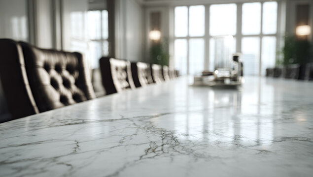 Elegant conference room featuring a white marble table with blurred background and leather tufted chairs.