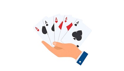 A flat illustration of a hand holding five playing cards, all featuring the Ace symbol with different suits clubs, spades, diamonds, hearts