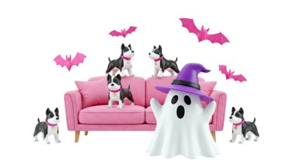 Halloween scene with dogs and ghost on a pink couch