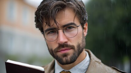 Fototapeta premium A thoughtful man with glasses and a beard holding a notebook outdoors in the rain