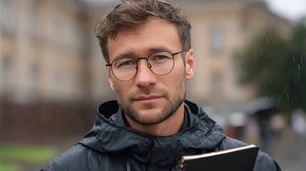 Obraz premium A man wearing glasses stands outdoors in the rain holding a notebook with a serious expression