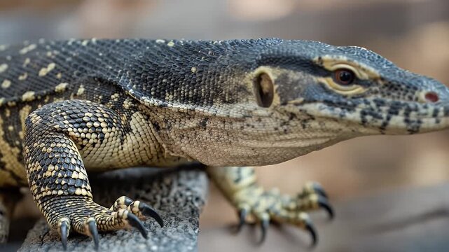 Close-up of a monitor lizard with detailed skin texture and patterns.