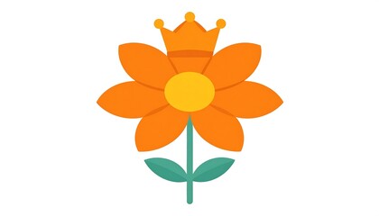 A flat illustration of an orange flower with a yellow center, adorned with a golden crown, set against a pristine white backdrop
