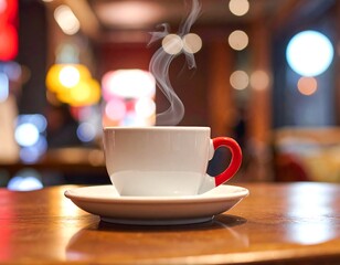 Obraz premium A close-up showcases a steaming white mug with a red handle sitting on a saucer atop a wooden table. The background is a soft-focus interior