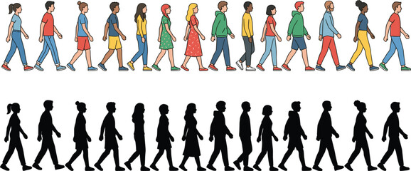 Fototapeta premium Diverse group of walking people in full color and silhouette, ideal for motion studies, identity design, urban themes, and character illustration projects