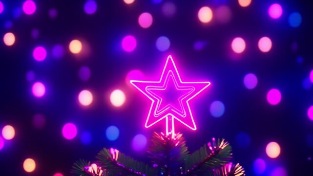 Neon Star Light on Purple Bokeh Background, Festive Party Concept