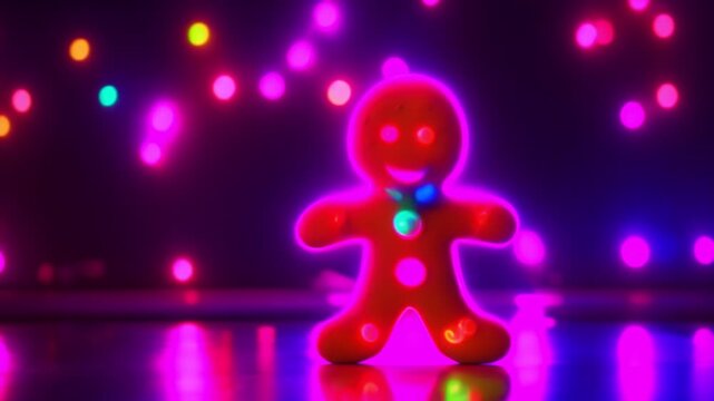 Neon Gingerbread Man Cookie with Bokeh Lights, Festive Holiday Background