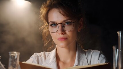 A focused female scientist with glasses examines a book in a dimly lit laboratory with a smoky atmosphere