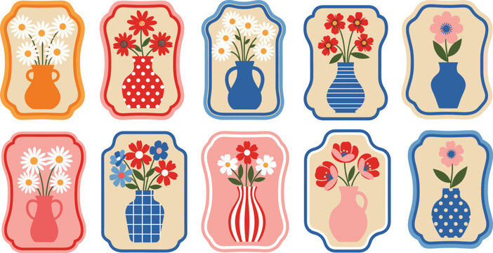 Colorful floral vase sticker set with decorative frames featuring flowers arrangements for home decor, crafts, and flat vector illustrations