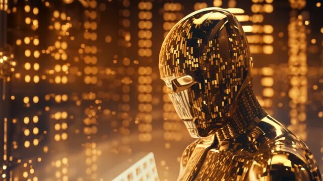 Golden AI Robot Head with Bokeh Lights, Artificial Intelligence Concept