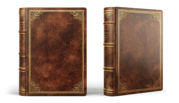 Elegant vintage leather book cover design featuring ornate gold trim and a classic, textured brown finish, presented in two different perspectives.