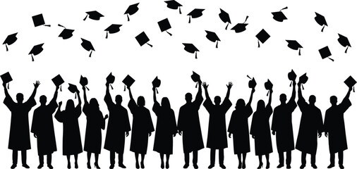 Silhouette of graduates celebrating with raised hands and flying caps, symbolizing academic achievement, success, and joyful completion of educational milestones and graduation ceremonies