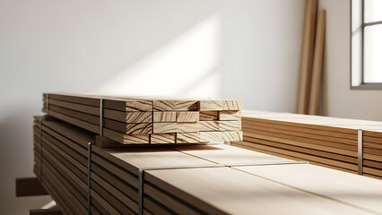 Stacks of lumber boards on a table in a well lit workshop or construction site with natural light - Ai Generated