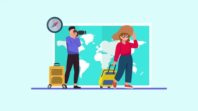 Animated video of goal candid travel man photographing woman. Candid Travel concept. Full length animation illustration. High quality&nbsp;4k&nbsp;footage