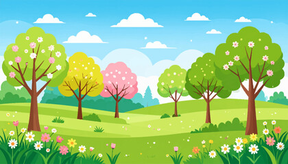 Naklejka premium Vibrant spring landscape with blooming trees and lush green hills under a clear blue sky, illustrating a serene and peaceful natural environment for a tranquil scene