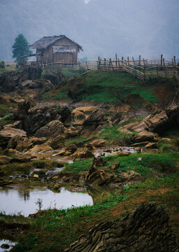 Moc Chau district, Son La province, Vietnam. A pristine landscape view of Ta Phenh primitive village, locally known as the Standing Stone Village (Lang Da Dung), 