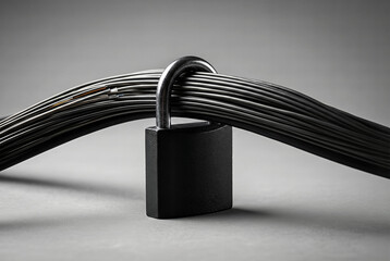Padlock securing bundle of fiber optic cables for data security and cybersecurity concept