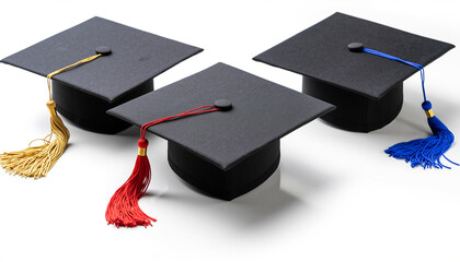 Collection of academic caps with colorful tassels signifying graduation achievement