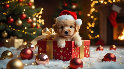 Cute puppy in a Christmas gift box