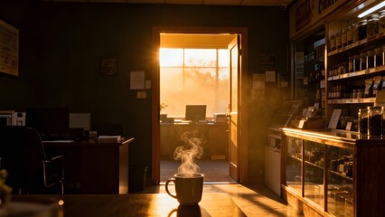 Morning Coffee With Sunrise Light