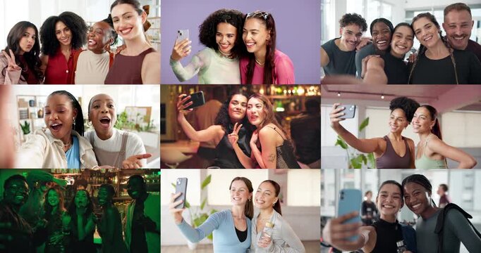 Friends, selfie and montage with face, happy and excited for memory, fitness and post on app. People, group and photography with profile picture on web, social media and smile with hug for bonding