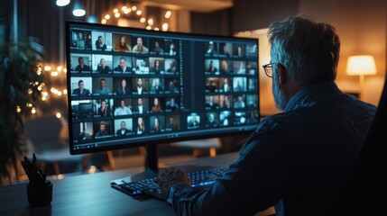 A person participating in a virtual meeting on a large screen, showcasing a professional atmosphere in a modern workspace.
