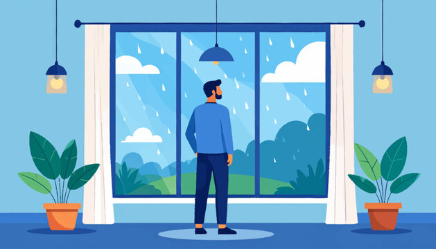 Man finds peaceful solitude, gazing out a large window as calming rain falls over a lush green landscape. A tranquil indoor view during a quiet rainy day, perfect for reflection