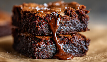 Two rich fudgy chocolate brownies stacked with gooey melted chocolate dripping from the top, showcasing moist crumb and glossy textured surface