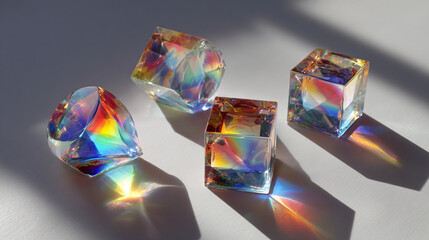 A collection of four prisms casting a spectrum of light