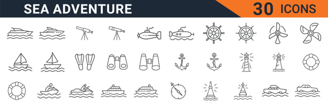 A comprehensive vector graphic set showcasing thirty essential line art icons dedicated to diverse sea adventure themes including nautical exploration and maritime activities.