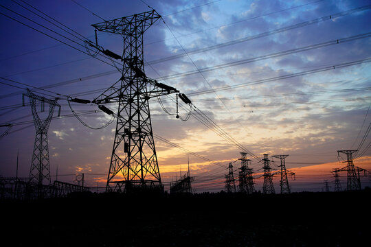 Pylon, high-voltage tower sky background.