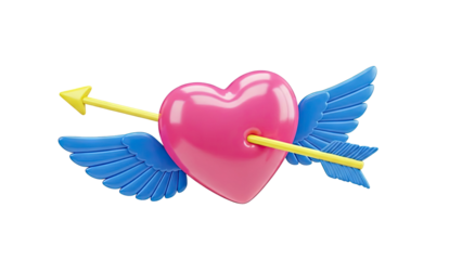 3D Render of a Pink Heart with Blue Wings and a Yellow Arrow
