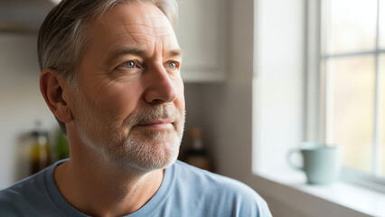 Obraz premium Elderly man looking thoughtfully out the window in kitchen 