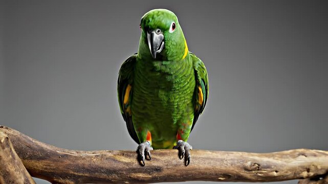 Green Parrot Perched on a Branch with Wings Spread.
