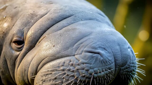 Close-up of a manatees face, showcasing its unique features and textures.