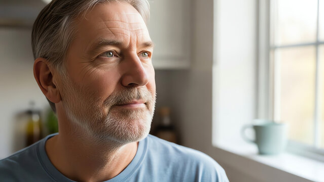 Elderly man looking thoughtfully out the window in kitchen - Powered by Adobe