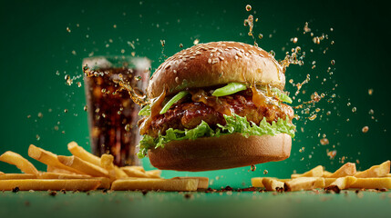Levitation Food Concept with Flying Chicken Burger, French Fries and Spilling Cola Liquid.