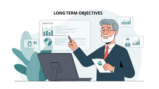 Businessman presenting long term objectives and strategy with charts and graphs